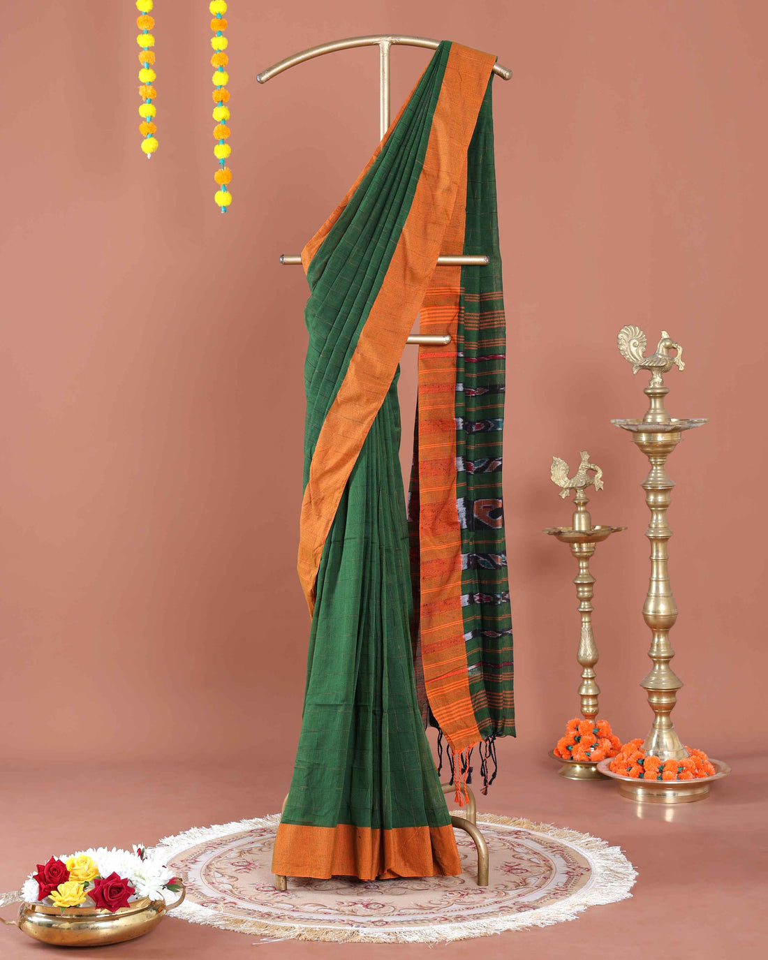 Handloom Ikkat Cotton Saree with Striped Pallu and Tassels - Green