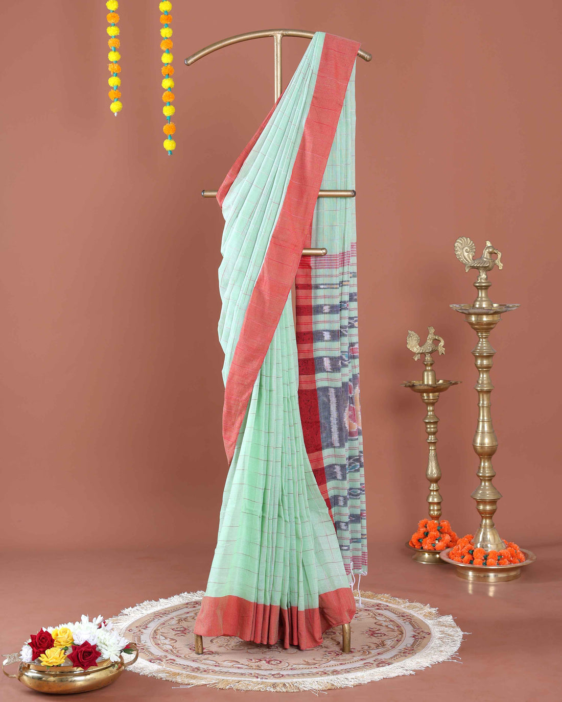 Handloom Ikkat Cotton Saree with Woven Striped Pattern and Contrast Pallu - Pista Green