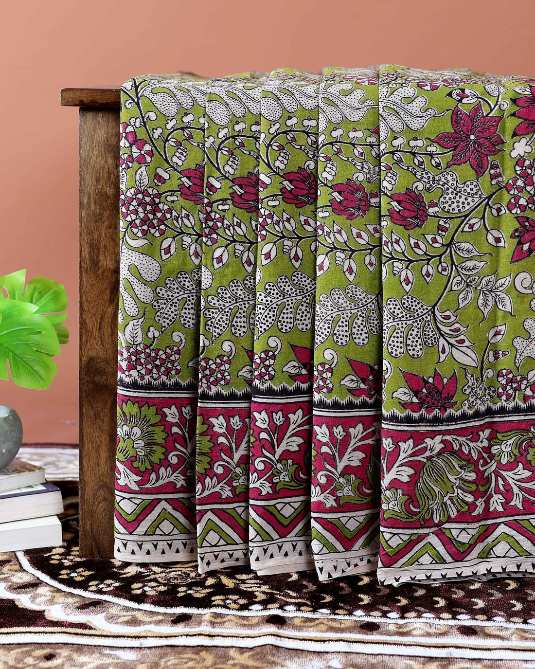 Handloom Kalamkari Cotton Saree with Traditional Motifs - Green