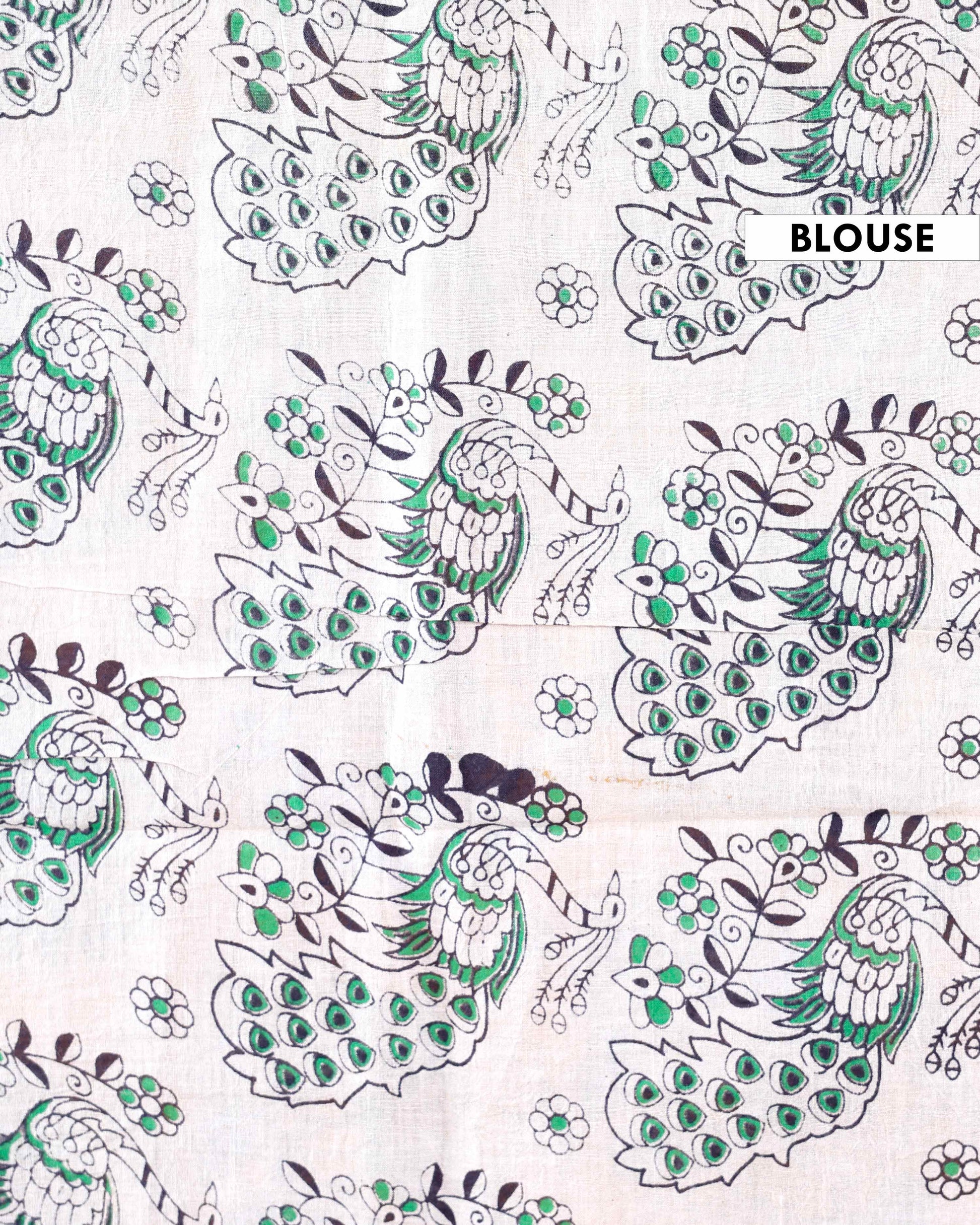 Handloom Kalamkari Cotton Saree with Traditional Peacock & Floral Motifs - Blouse-Cream