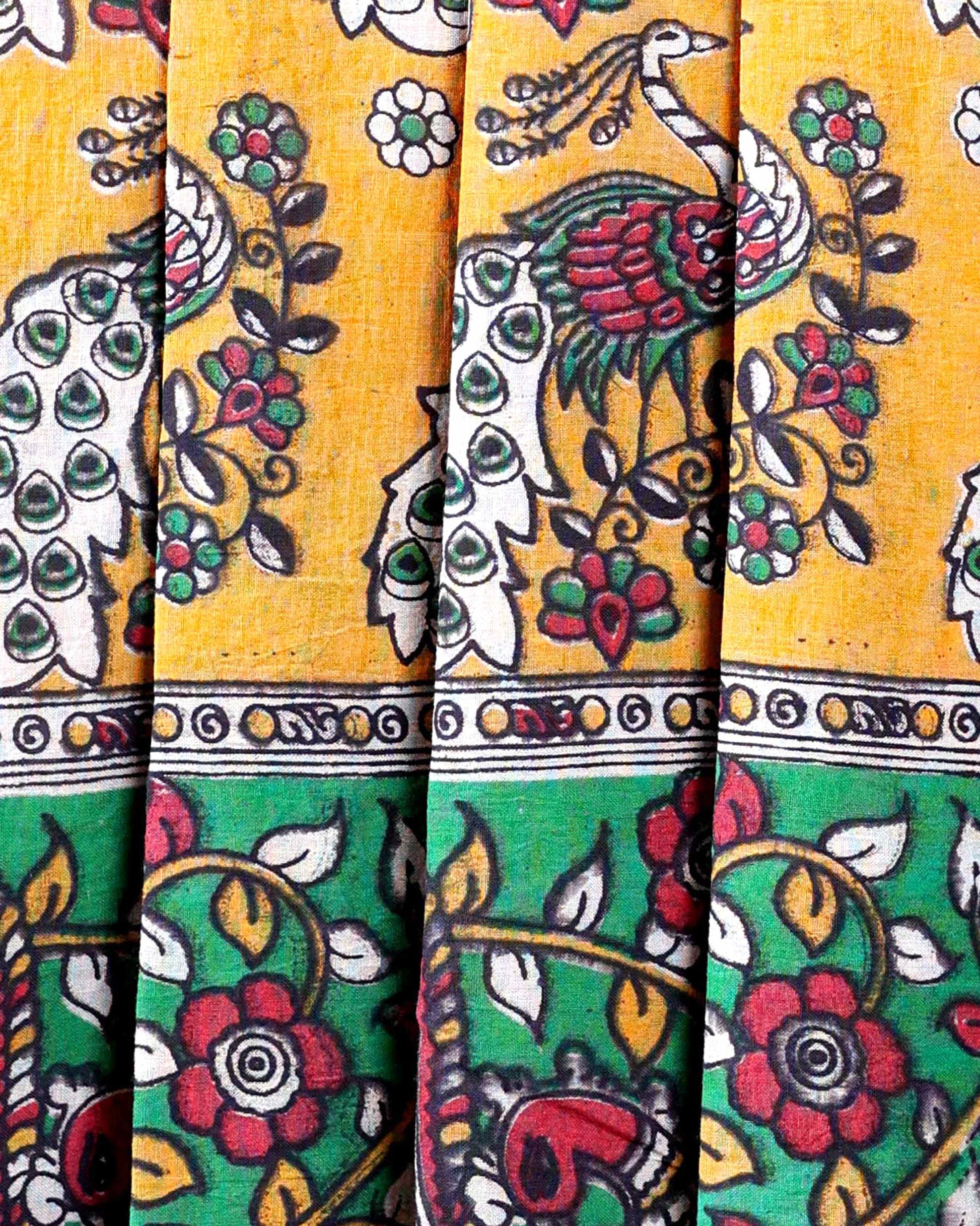 Handloom Kalamkari Cotton Saree with Traditional Peacock & Floral Motifs - Close-Yellow
