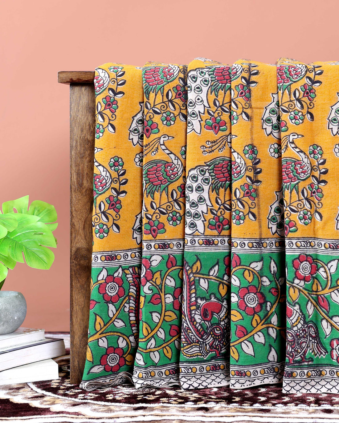 Handloom Kalamkari Cotton Saree with Traditional Peacock & Floral Motifs - Orange