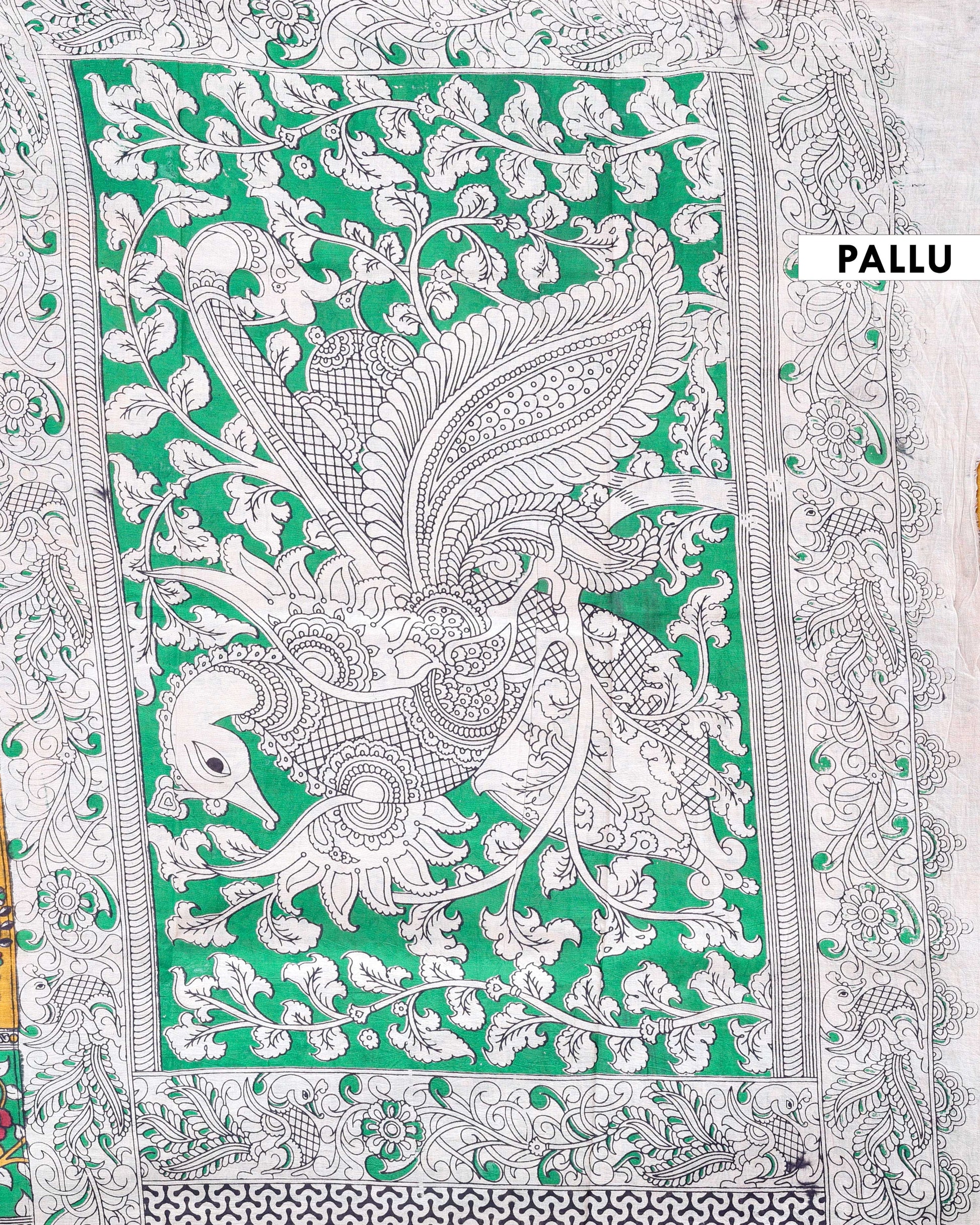 Handloom Kalamkari Cotton Saree with Traditional Peacock & Floral Motifs - Pallu-Multi