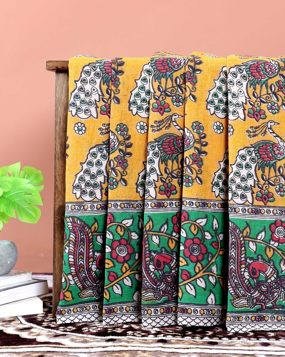 Handloom Kalamkari Cotton Saree with Traditional Peacock & Floral Motifs - Yellow