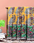 Handloom Kalamkari Cotton Saree with Traditional Peacock & Floral Motifs - Yellow