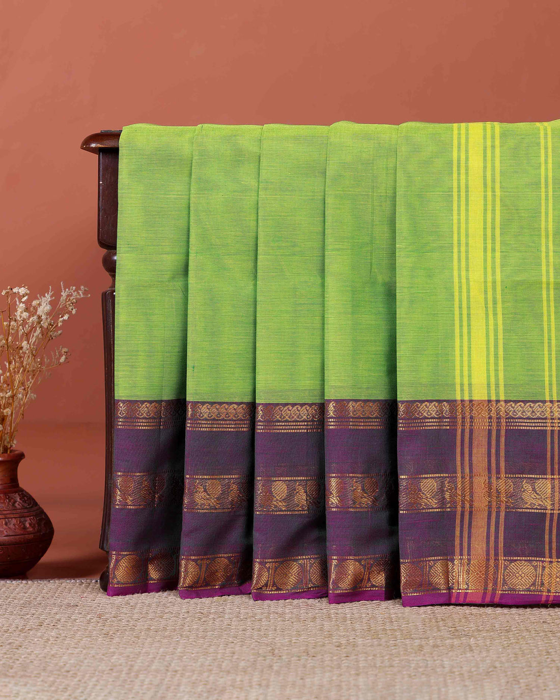 Handloom Kanchi Cotton Saree with Classic Checks and Temple Border - Green