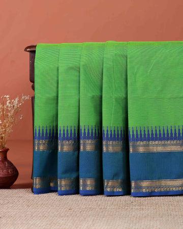 Handloom Kanchi Cotton Saree with Traditional Temple Border - Green