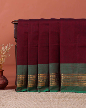 Handloom Kanchi Cotton Saree with Traditional Temple Border - Maroon