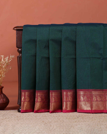 Handloom Kanchi Cotton Saree with Traditional Zari Border - Dark Green