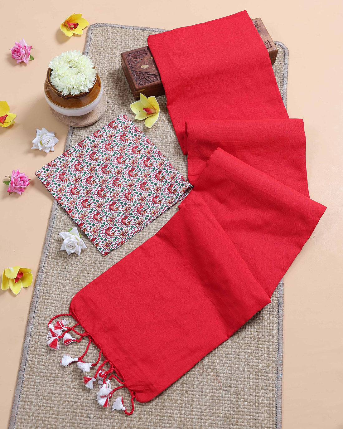 Handloom Khadi Cotton Saree with Contrast Printed Blouse and Tassel Accents -Red