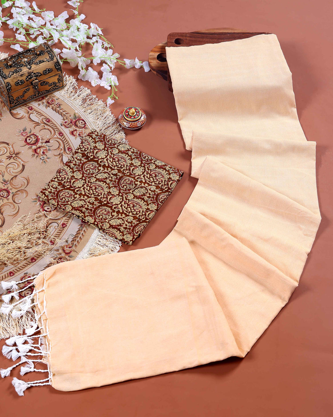 Handloom Khadi Cotton Saree with Contrast Printed Blouse and Tassel Accents -Sandal