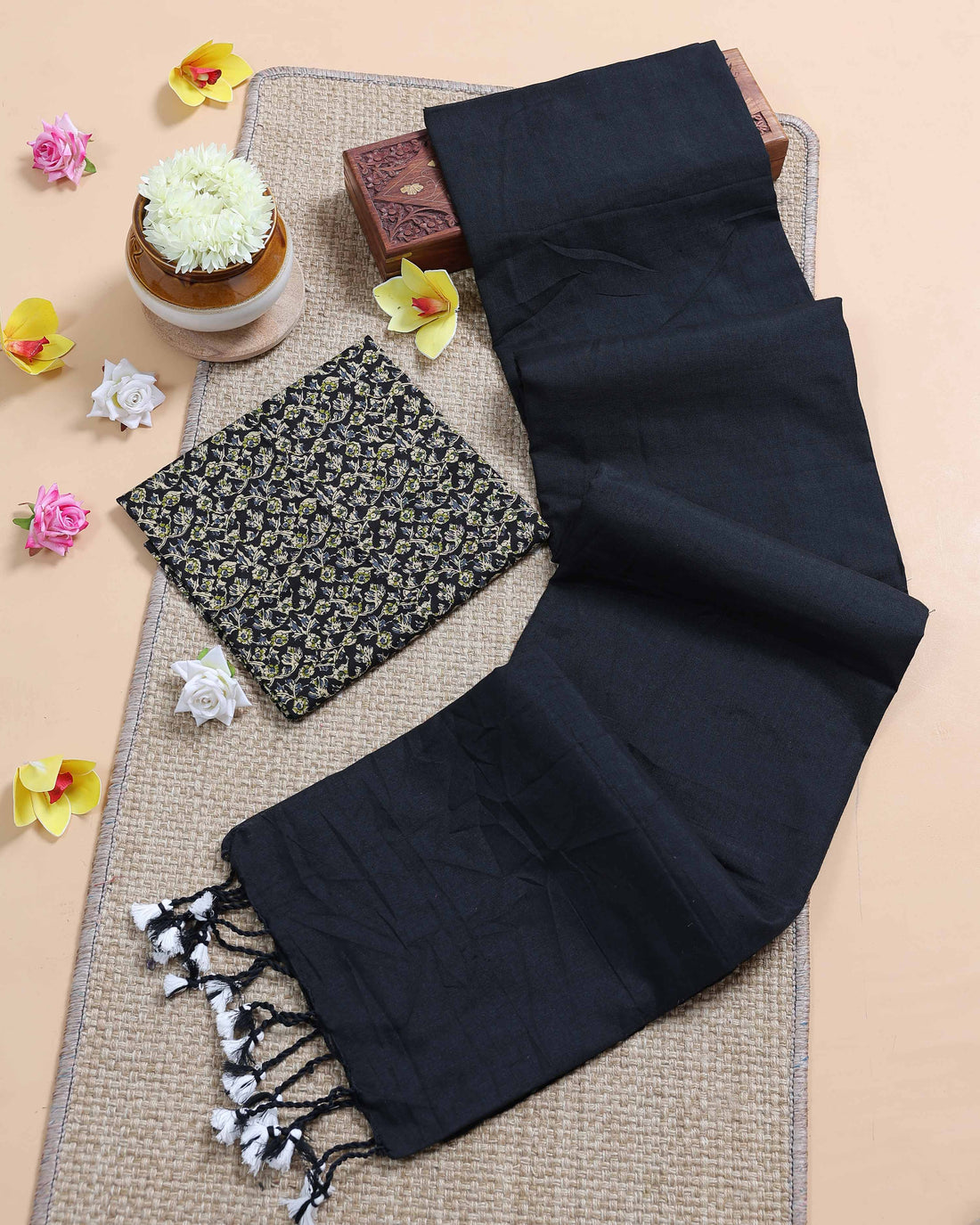 Handloom Khadi Cotton Saree with Contrast Printed Blouse and Tassel Accents - Black
