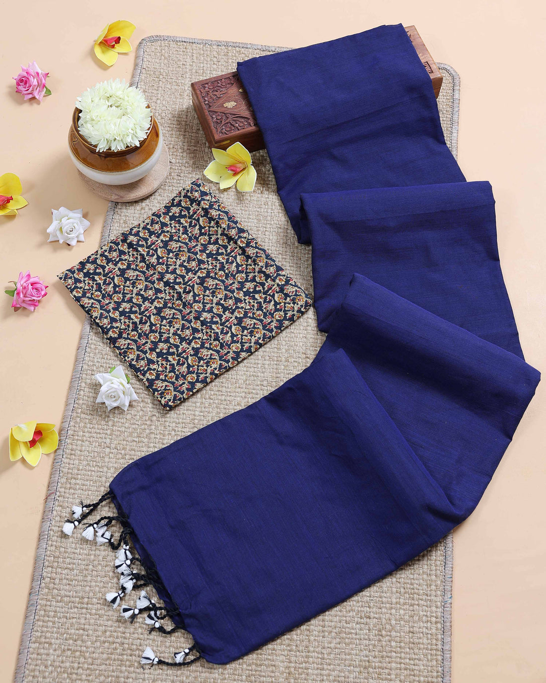 Handloom Khadi Cotton Saree with Contrast Printed Blouse and Tassel Accents - Dark Blue