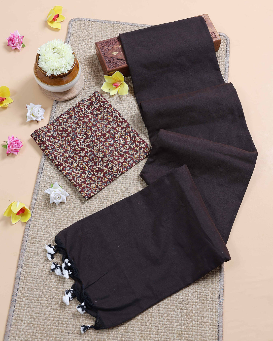 Handloom Khadi Cotton Saree with Contrast Printed Blouse and Tassel Accents - Dark Brown