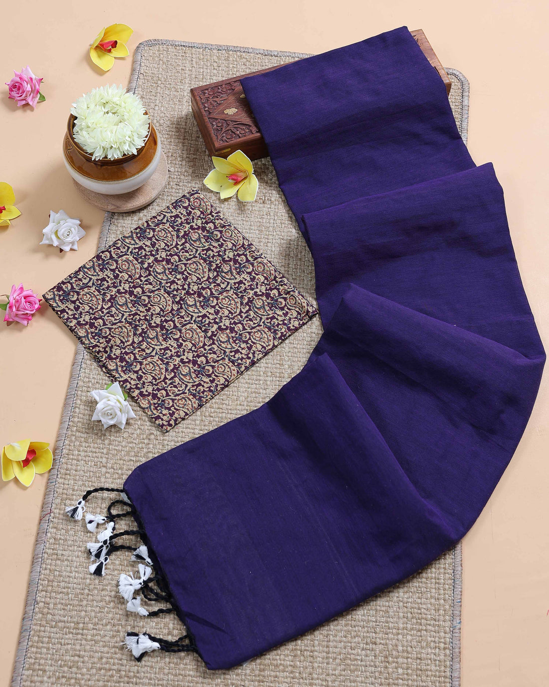 Handloom Khadi Cotton Saree with Contrast Printed Blouse and Tassel Accents - Dark Purple