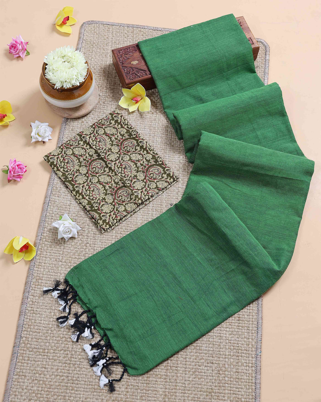 Handloom Khadi Cotton Saree with Contrast Printed Blouse and Tassel Accents - Green