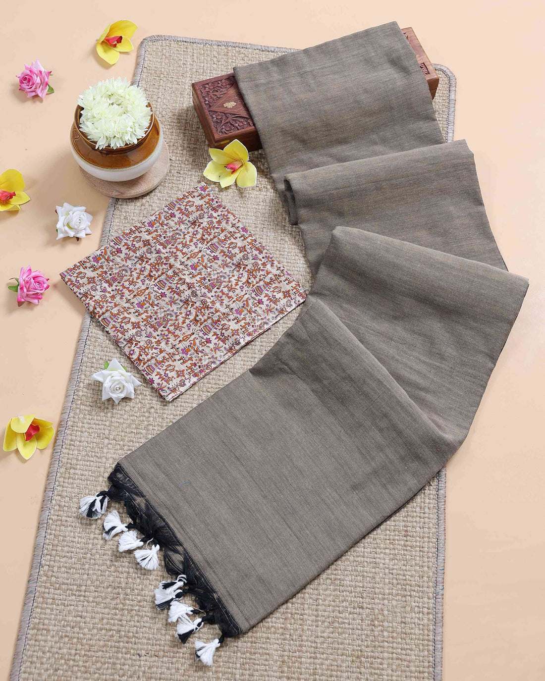 Handloom Khadi Cotton Saree with Contrast Printed Blouse and Tassel Accents - Grey