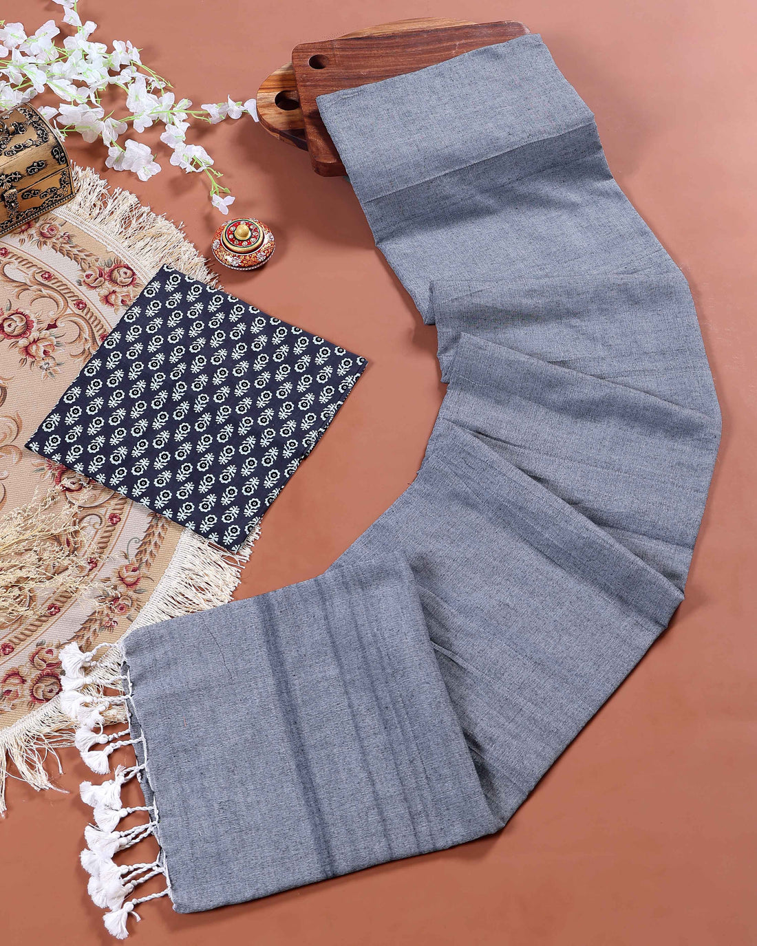Handloom Khadi Cotton Saree with Contrast Printed Blouse and Tassel Accents - Grey
