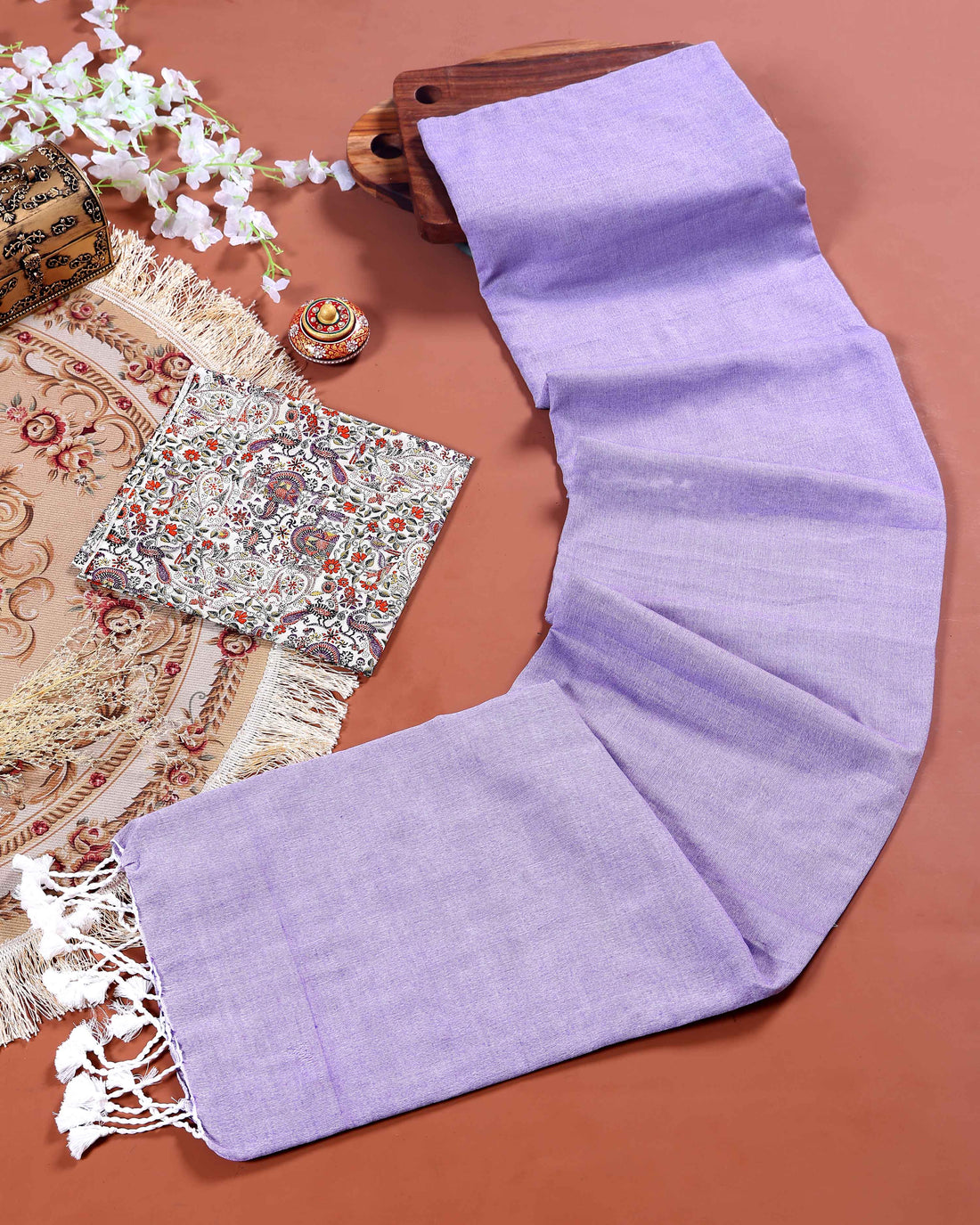 Handloom Khadi Cotton Saree with Contrast Printed Blouse and Tassel Accents - Lavender