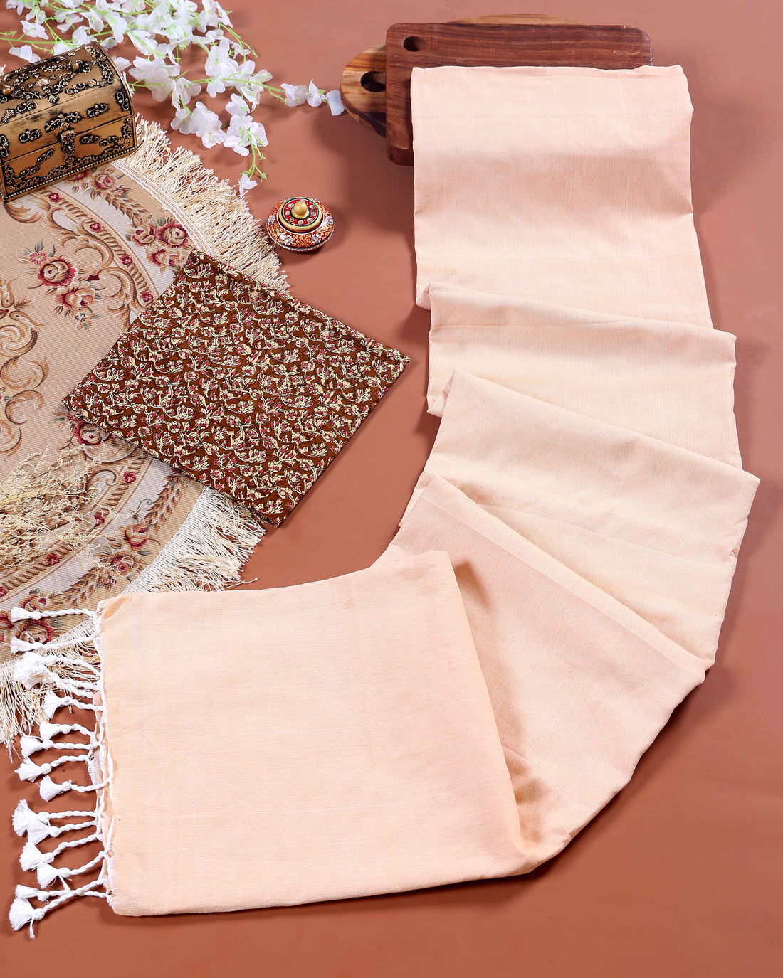 Handloom Khadi Cotton Saree with Contrast Printed Blouse and Tassel Accents - Light Sandal