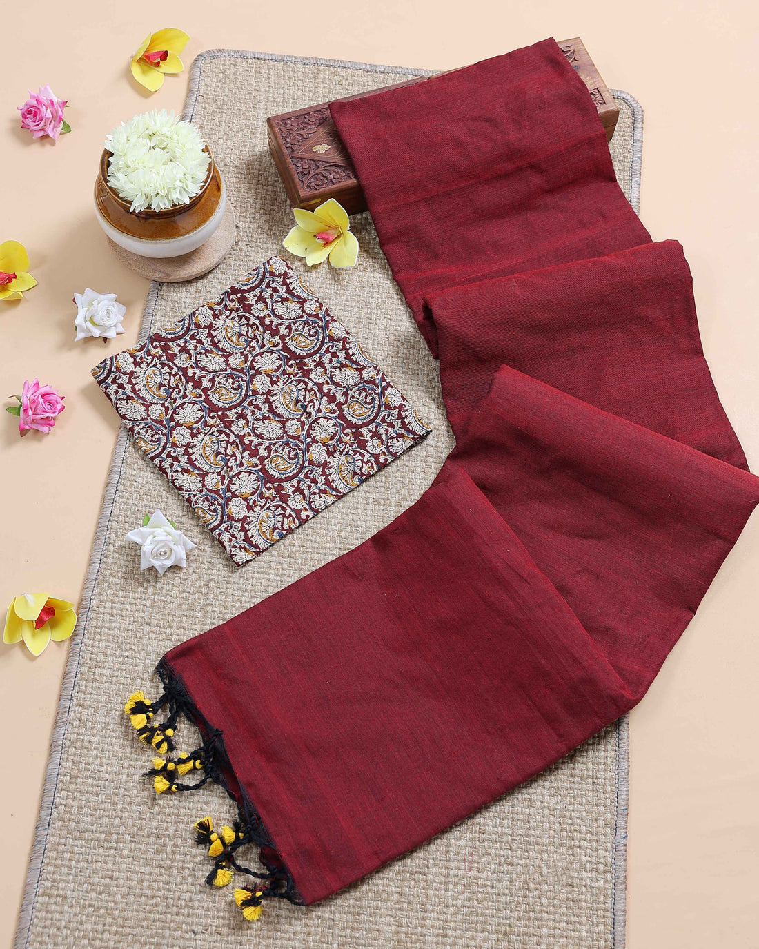 Handloom Khadi Cotton Saree with Contrast Printed Blouse and Tassel Accents - Maroon
