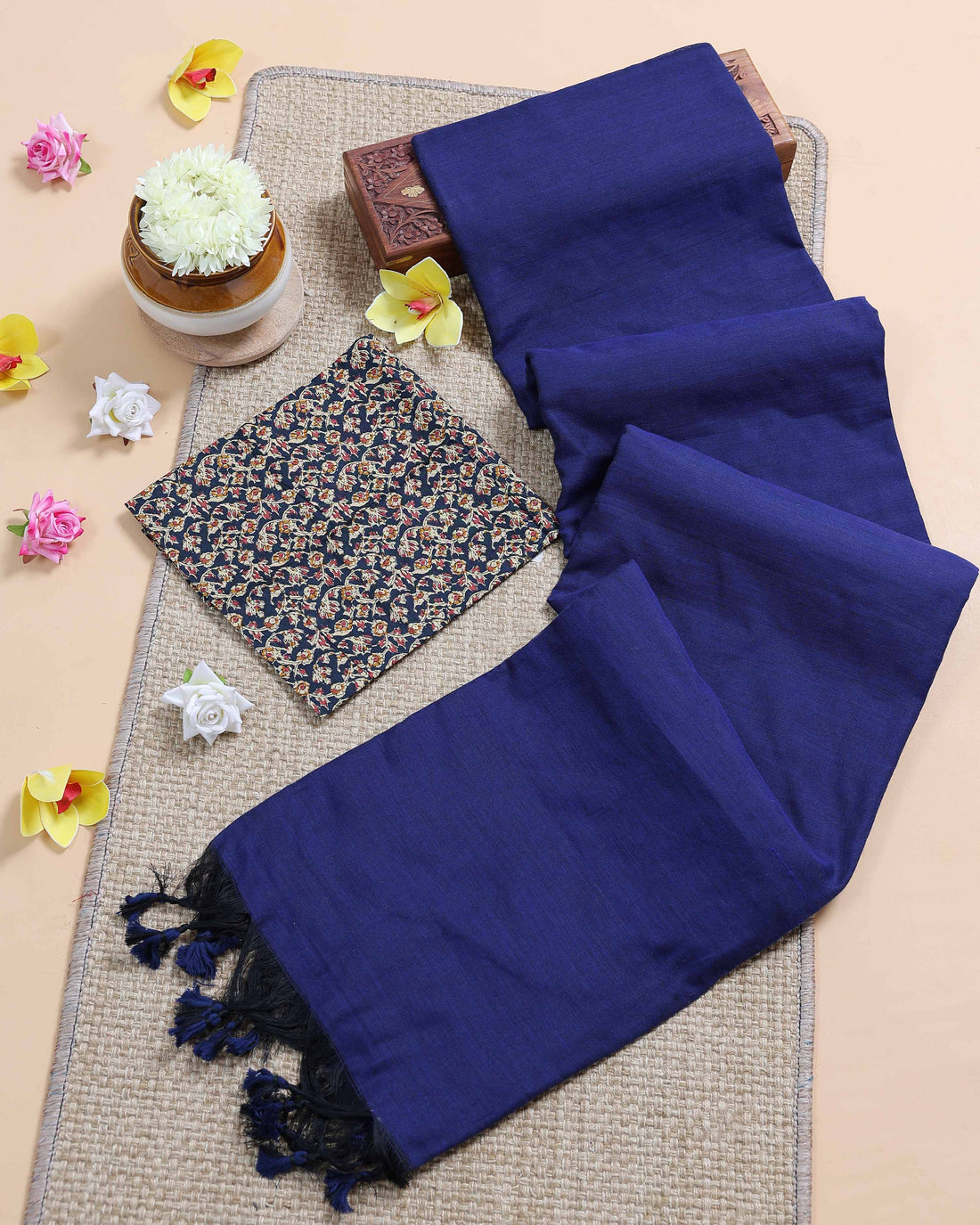 Handloom Khadi Cotton Saree with Contrast Printed Blouse and Tassel Accents - Navy Blue