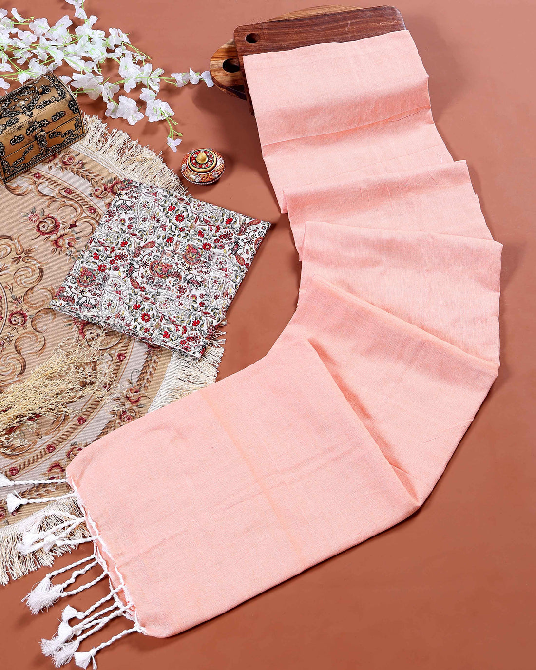 Handloom Khadi Cotton Saree with Contrast Printed Blouse and Tassel Accents - Peach