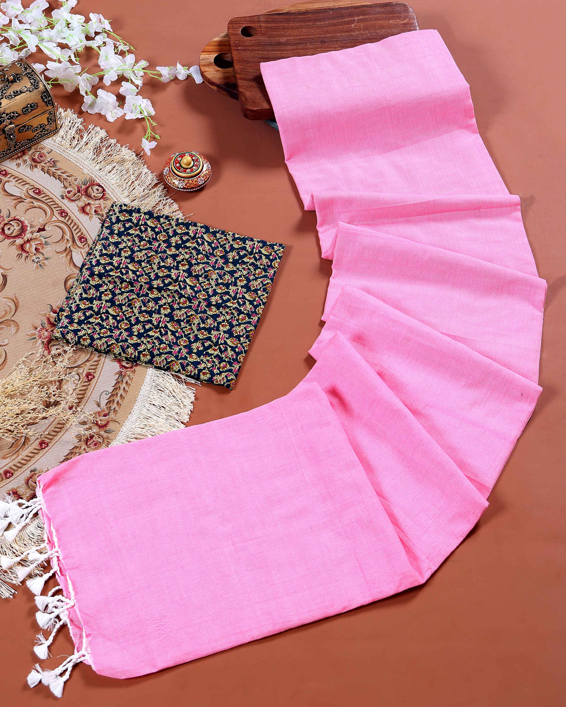 Handloom Khadi Cotton Saree with Contrast Printed Blouse and Tassel Accents - Pink