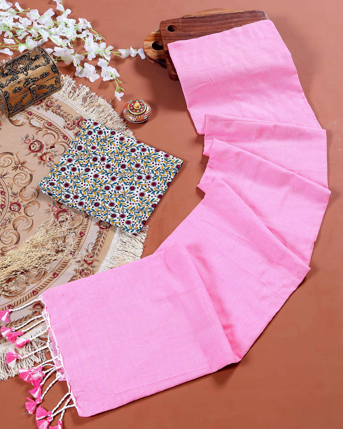 Handloom Khadi Cotton Saree with Contrast Printed Blouse and Tassel Accents - Pink