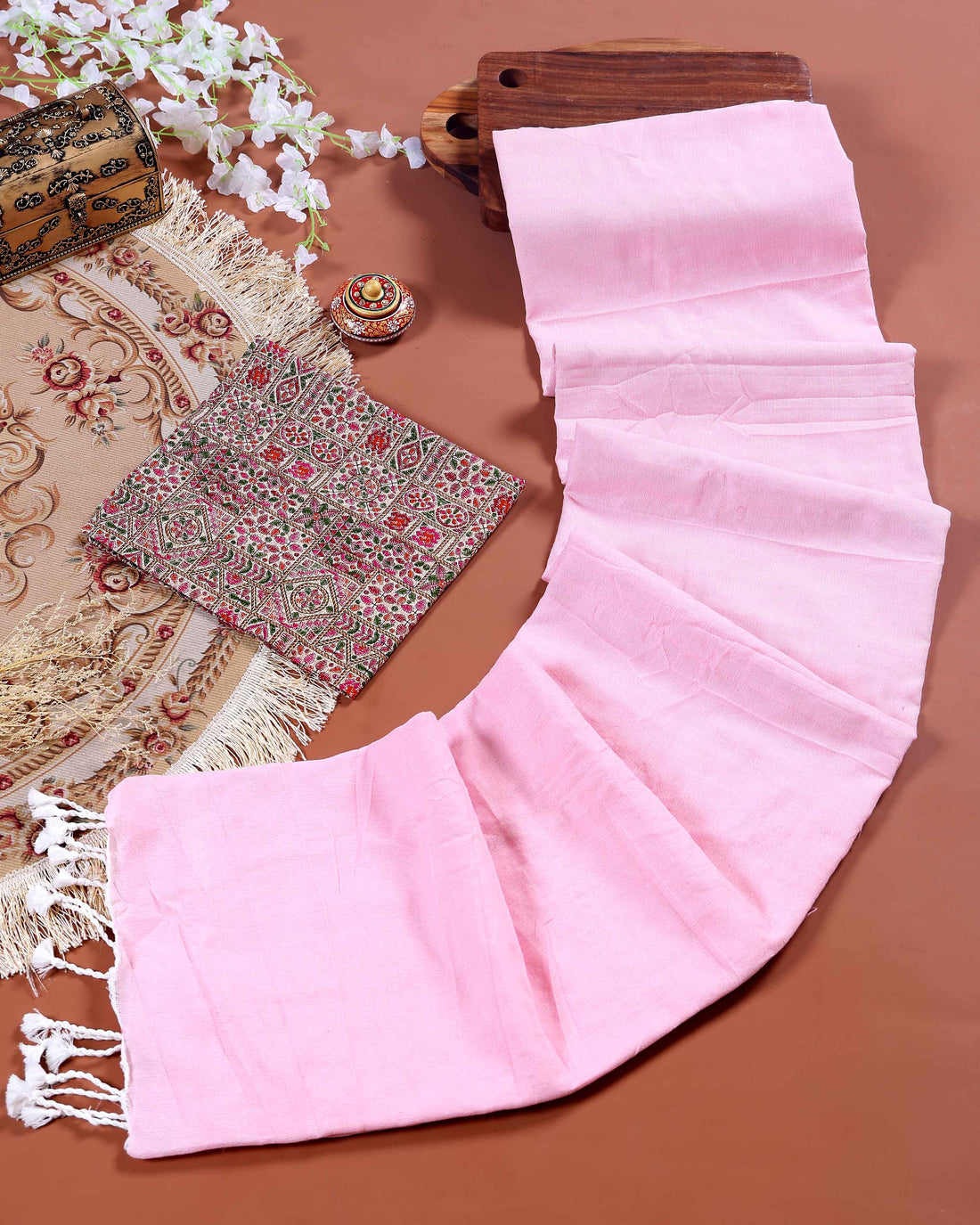 Handloom Khadi Cotton Saree with Contrast Printed Blouse and Tassel Accents - Pink-five
