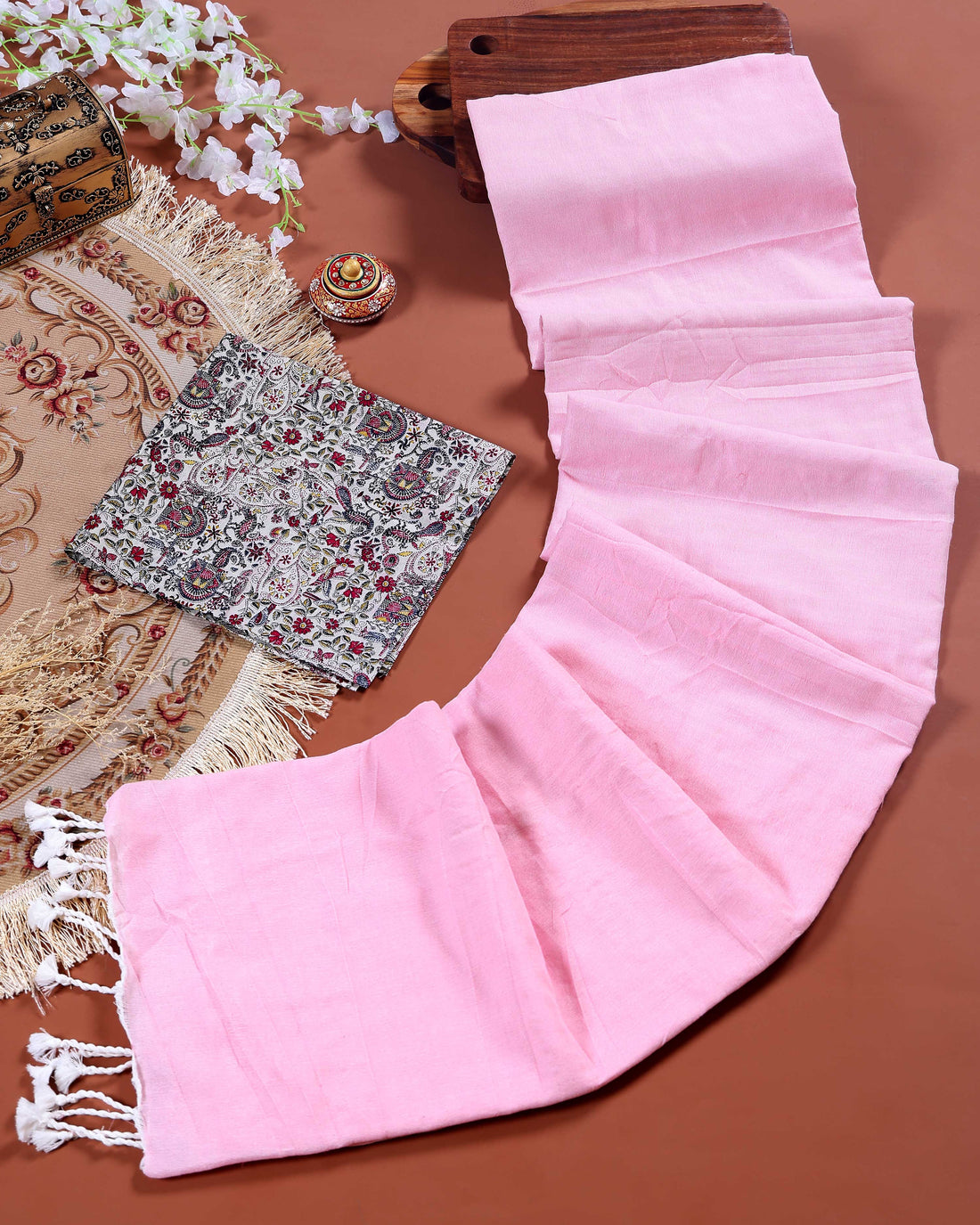 Handloom Khadi Cotton Saree with Contrast Printed Blouse and Tassel Accents - Pink