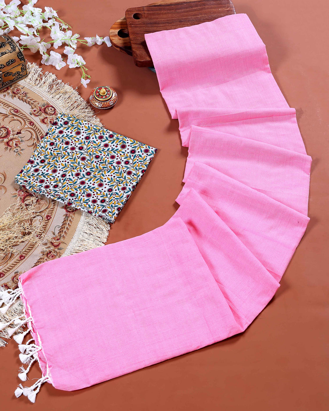 Handloom Khadi Cotton Saree with Contrast Printed Blouse and Tassel Accents - Pink