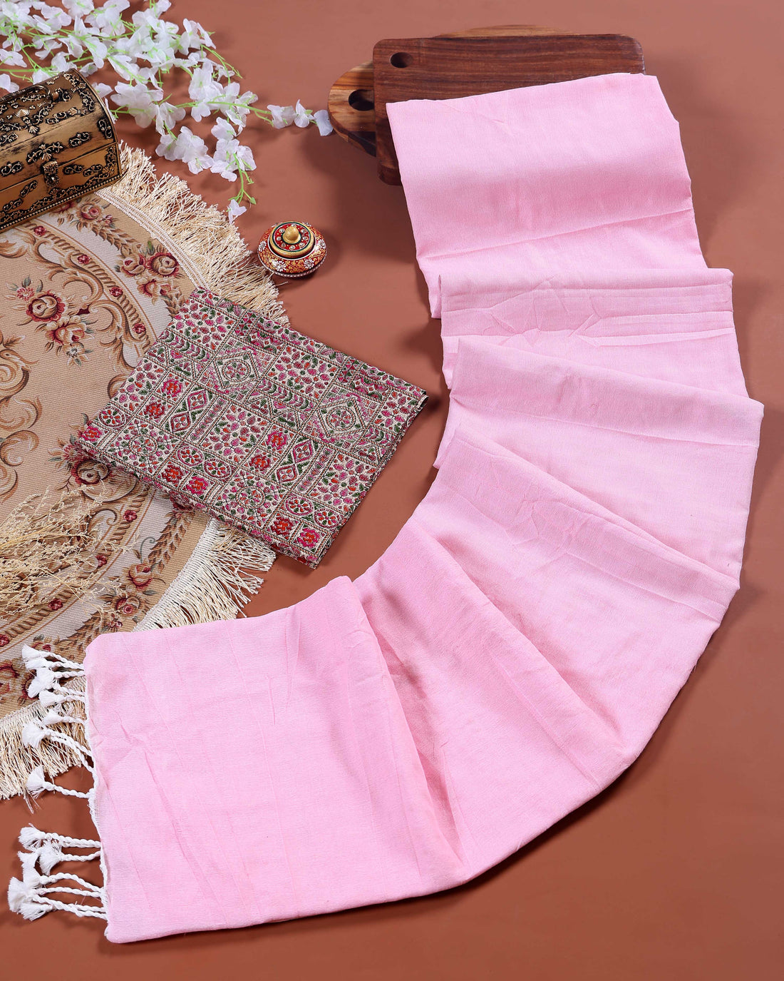 Handloom Khadi Cotton Saree with Contrast Printed Blouse and Tassel Accents - Pink