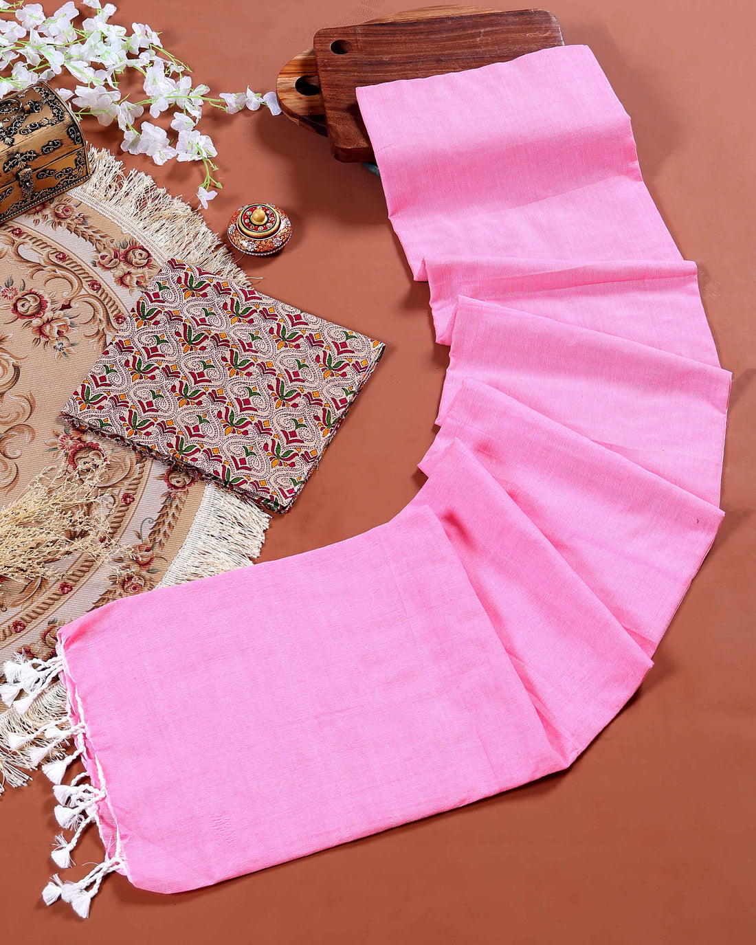 Handloom Khadi Cotton Saree with Contrast Printed Blouse and Tassel Accents - Pink