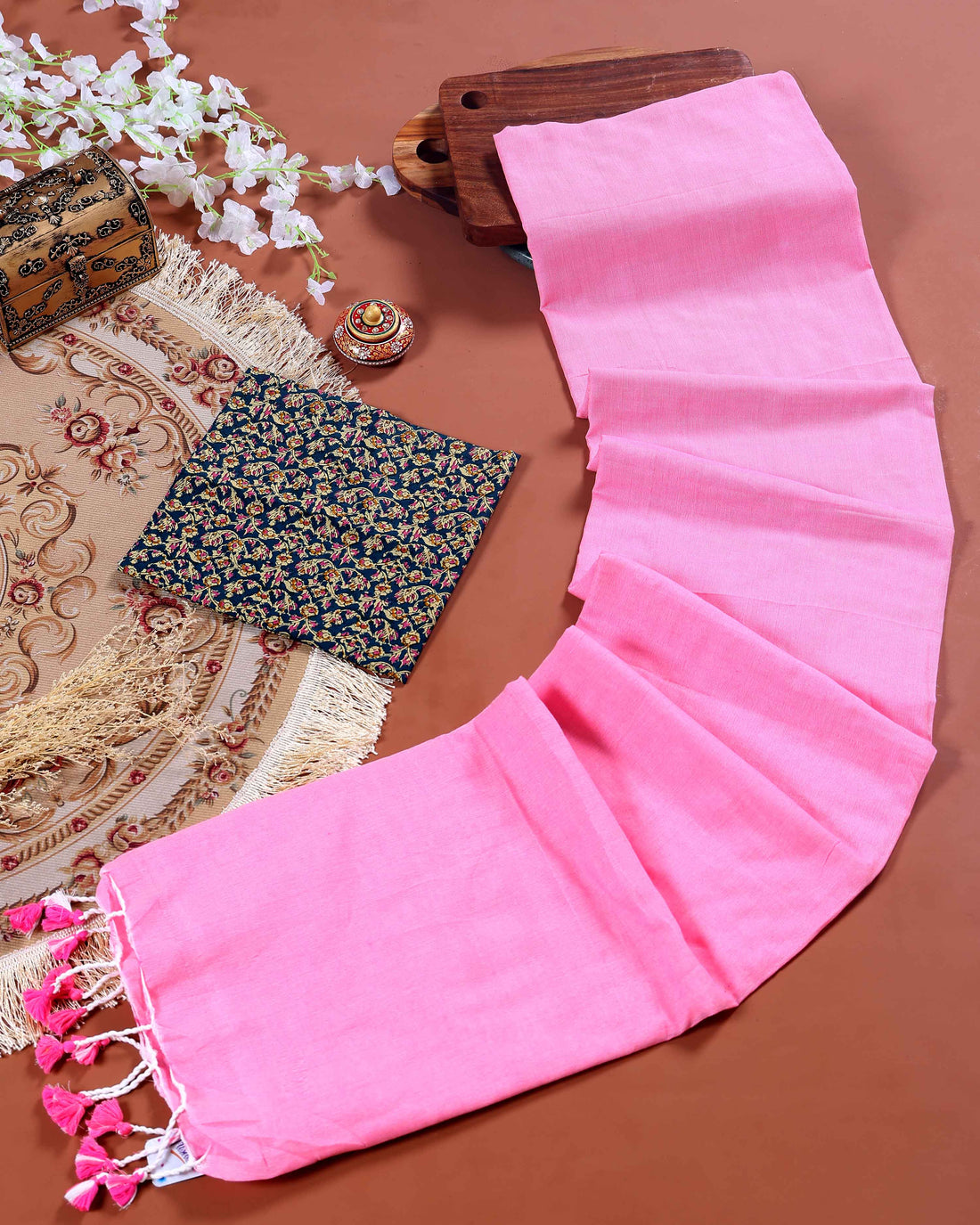 Handloom Khadi Cotton Saree with Contrast Printed Blouse and Tassel Accents - Pink-six