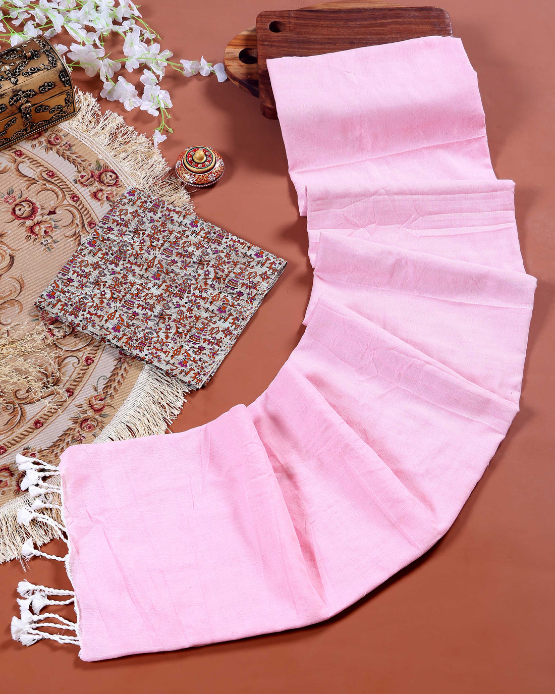 Handloom Khadi Cotton Saree with Contrast Printed Blouse and Tassel Accents - Pink