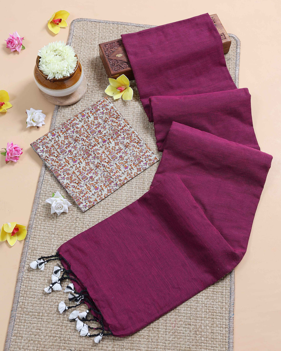Handloom Khadi Cotton Saree with Contrast Printed Blouse and Tassel Accents - Purple