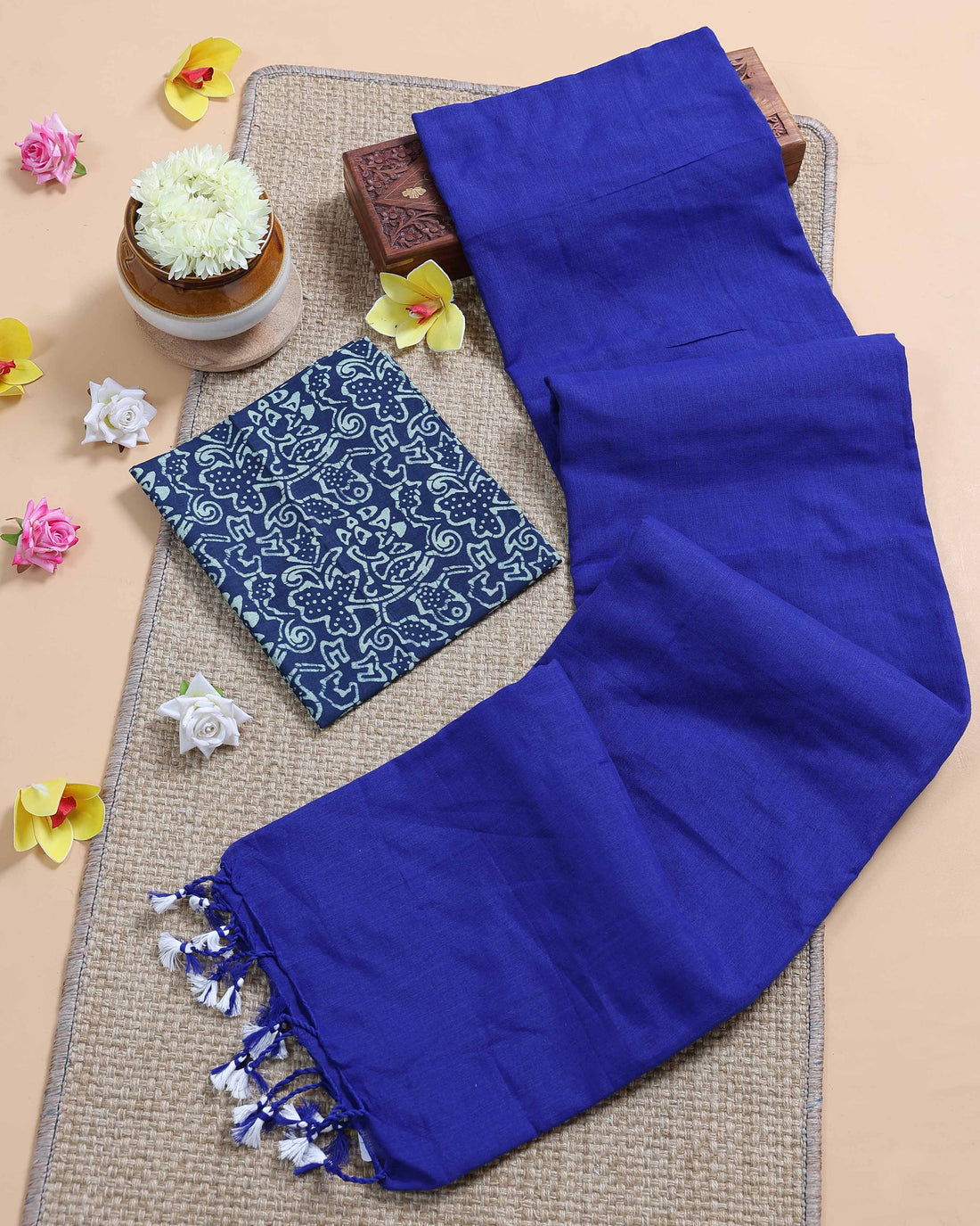 Handloom Khadi Cotton Saree with Contrast Printed Blouse and Tassel Accents - Royal Blue