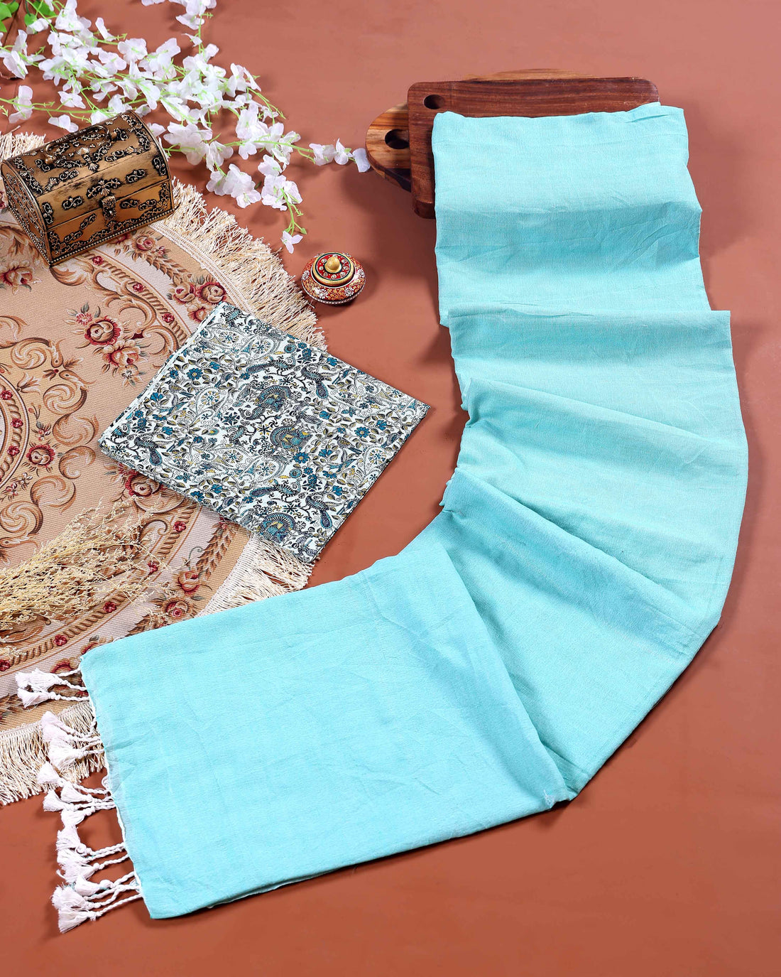 Handloom Khadi Cotton Saree with Contrast Printed Blouse and Tassel Accents - Sky Blue