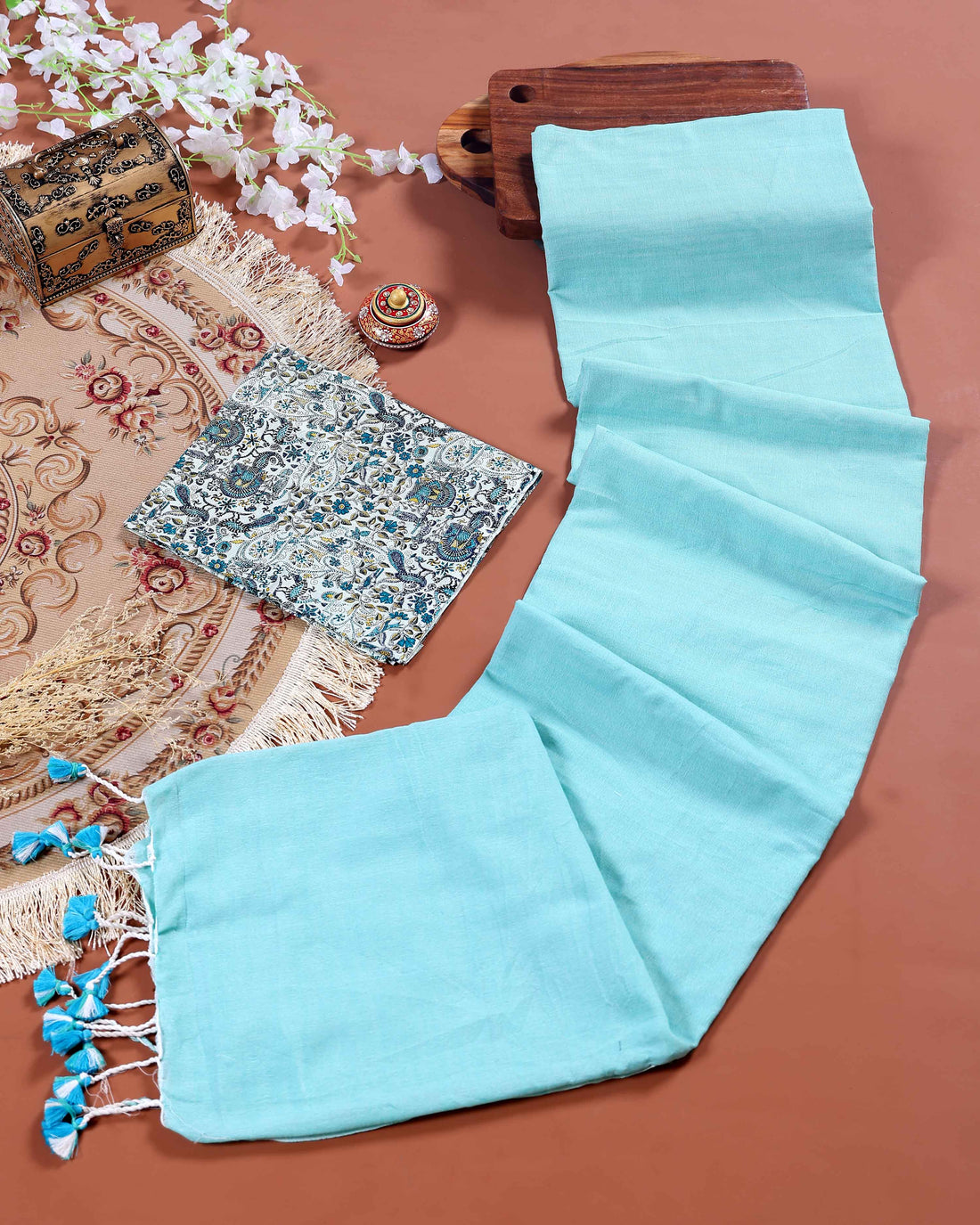 Handloom Khadi Cotton Saree with Contrast Printed Blouse and Tassel Accents - Sky Blue