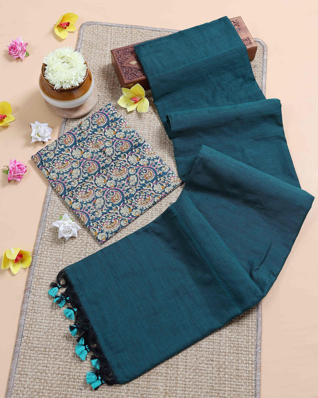 Handloom Khadi Cotton Saree with Contrast Printed Blouse and Tassel Accents - Teal
