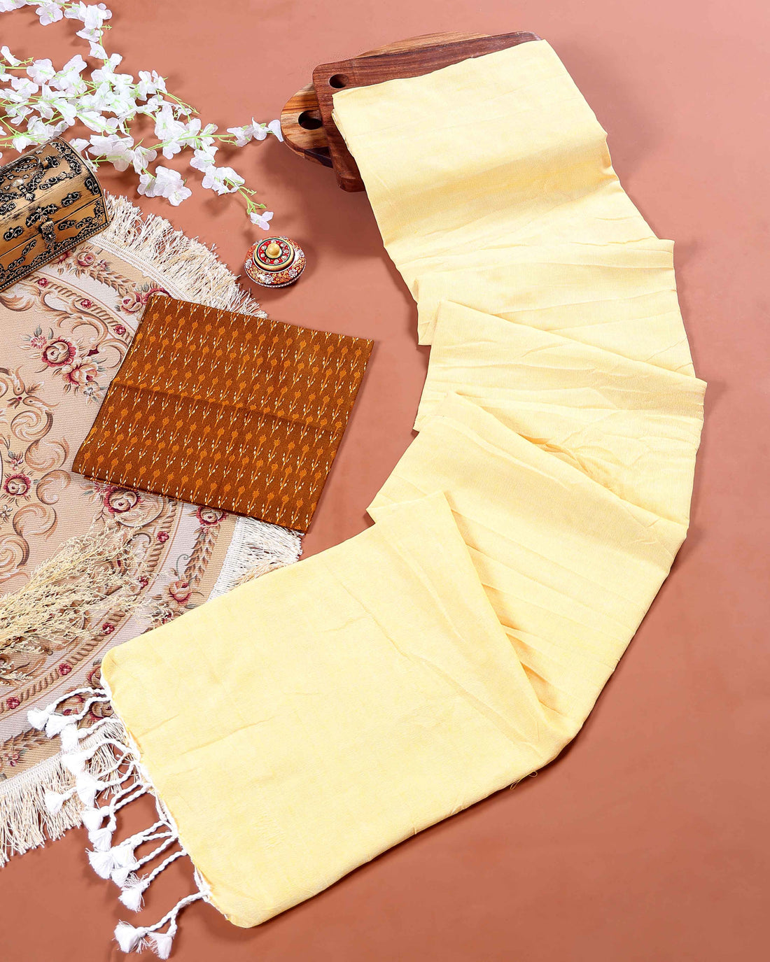 Handloom Khadi Cotton Saree with Contrast Printed Blouse and Tassel Accents - Yellow