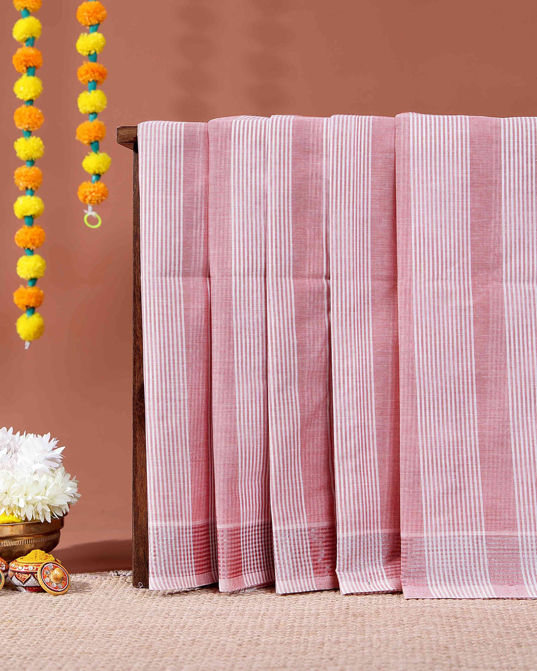 Handloom Kovai Cotton Saree with Striped Body and Woven Border - Pink