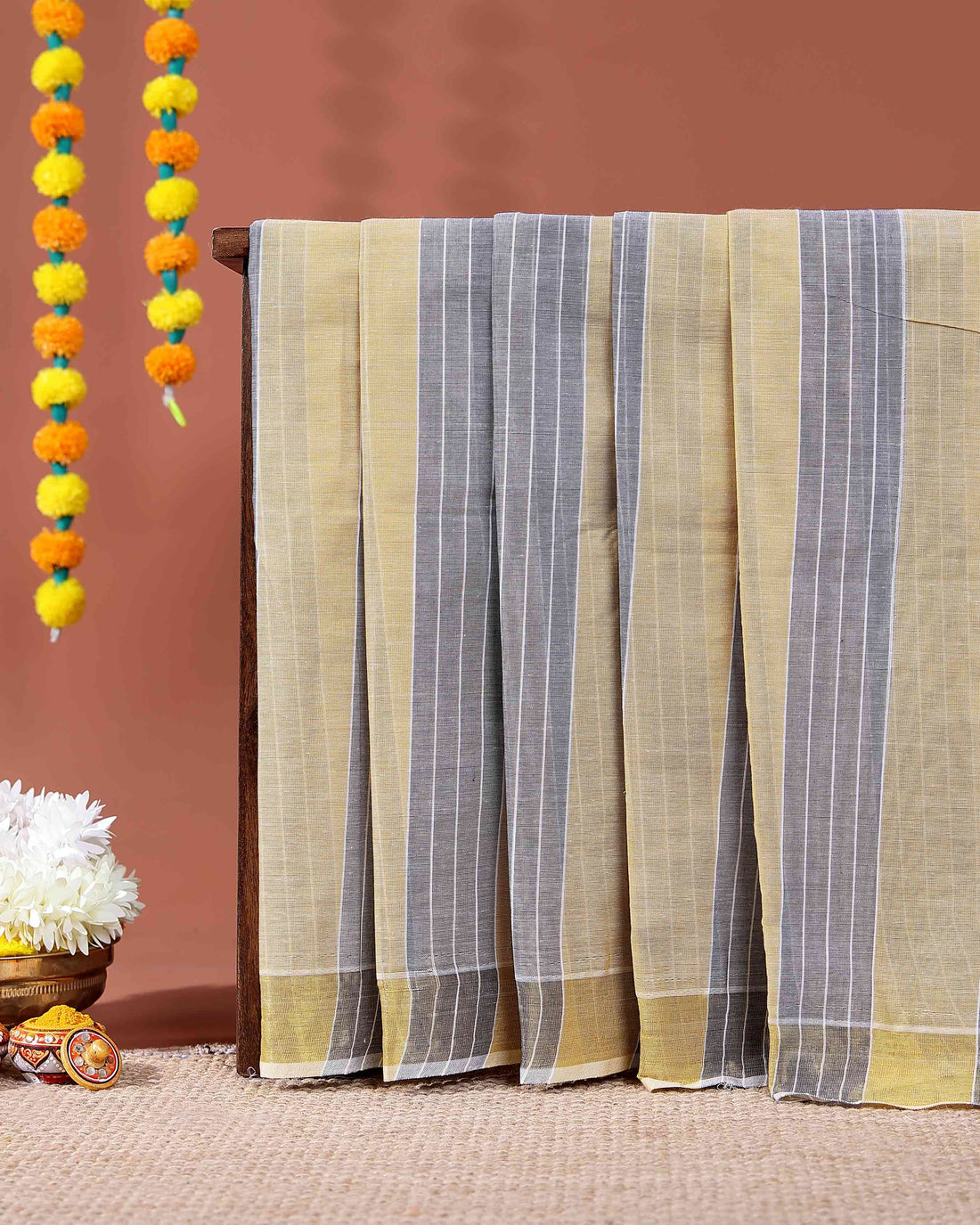 Handloom Kovai Cotton Saree with Striped Body and Woven Border - Yellow