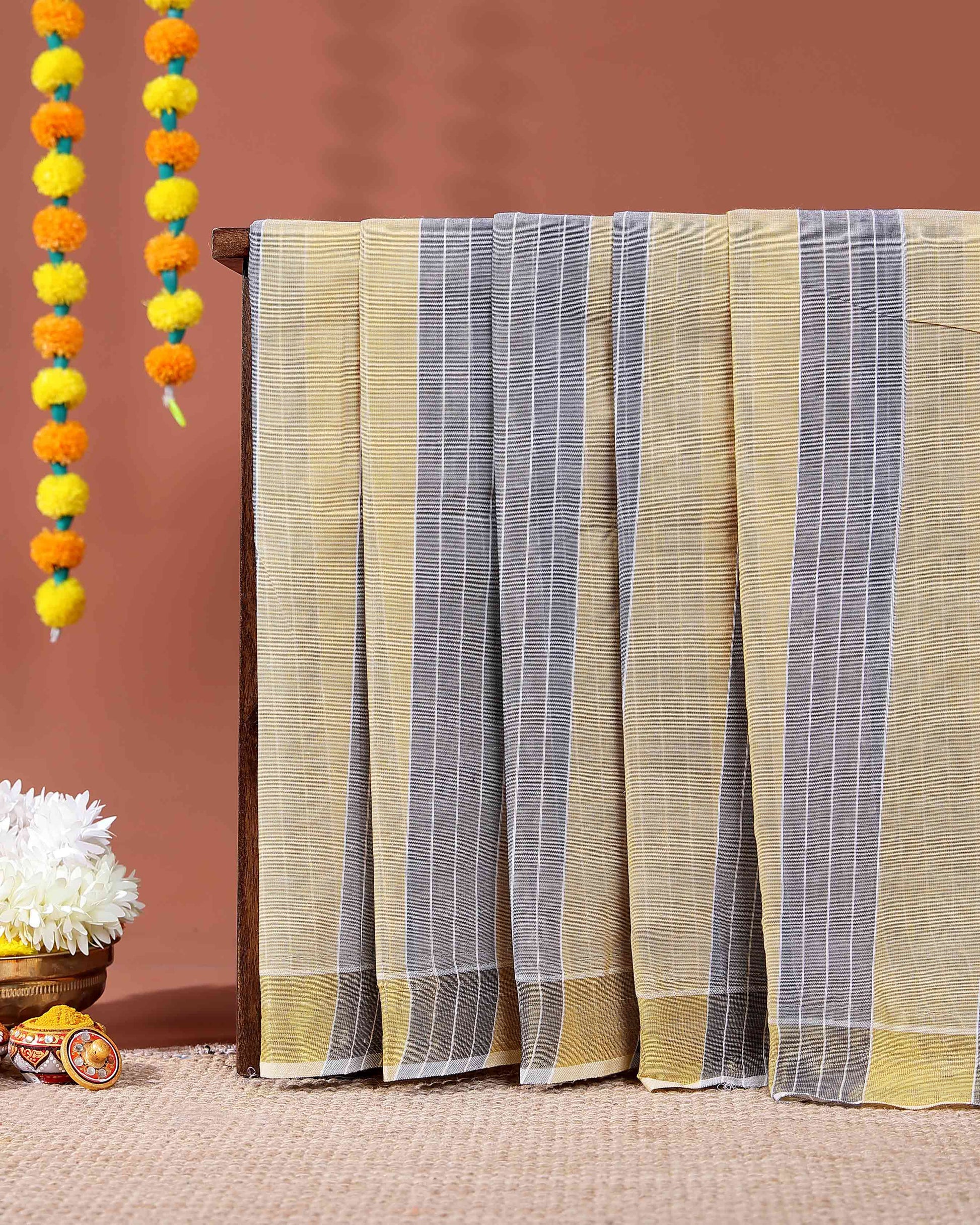 Handloom Kovai Cotton Saree with Striped Body and Woven Border - Yellow