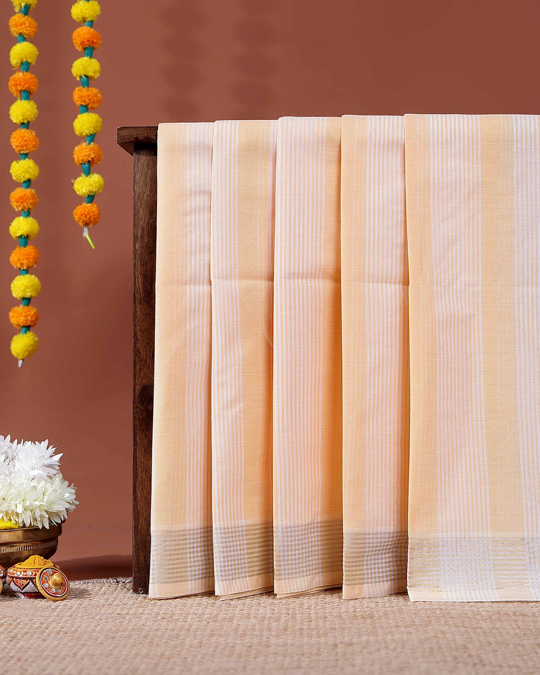 Handloom Kovai Cotton Saree with Striped Body and Zari Border - Light Orange