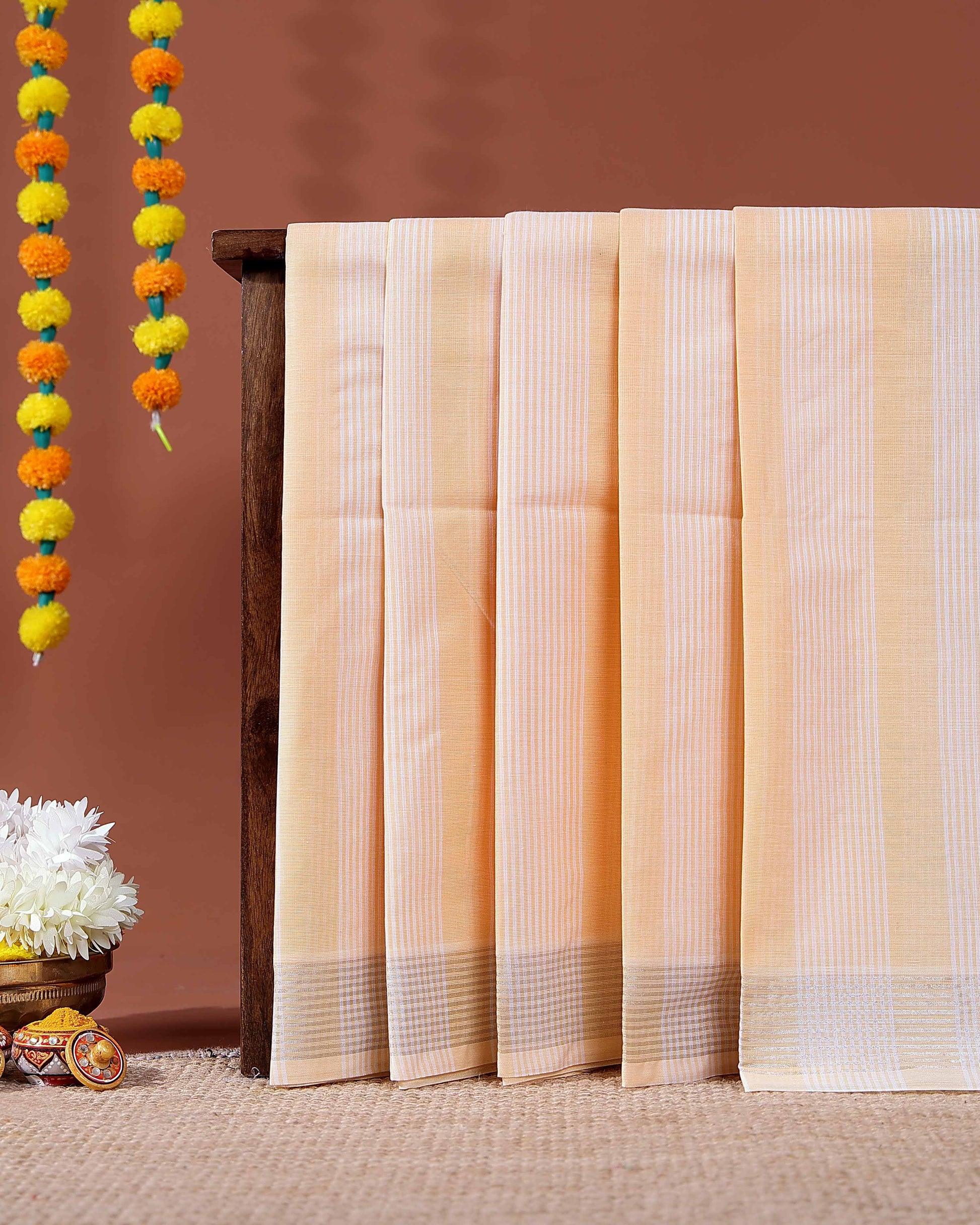 Handloom Kovai Cotton Saree with Striped Body and Zari Border - Light Orange