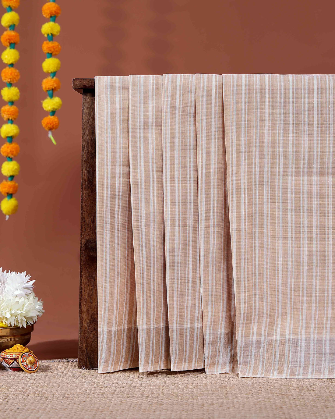 Handloom Kovai Cotton Saree with Subtle Striped Pattern - Brown