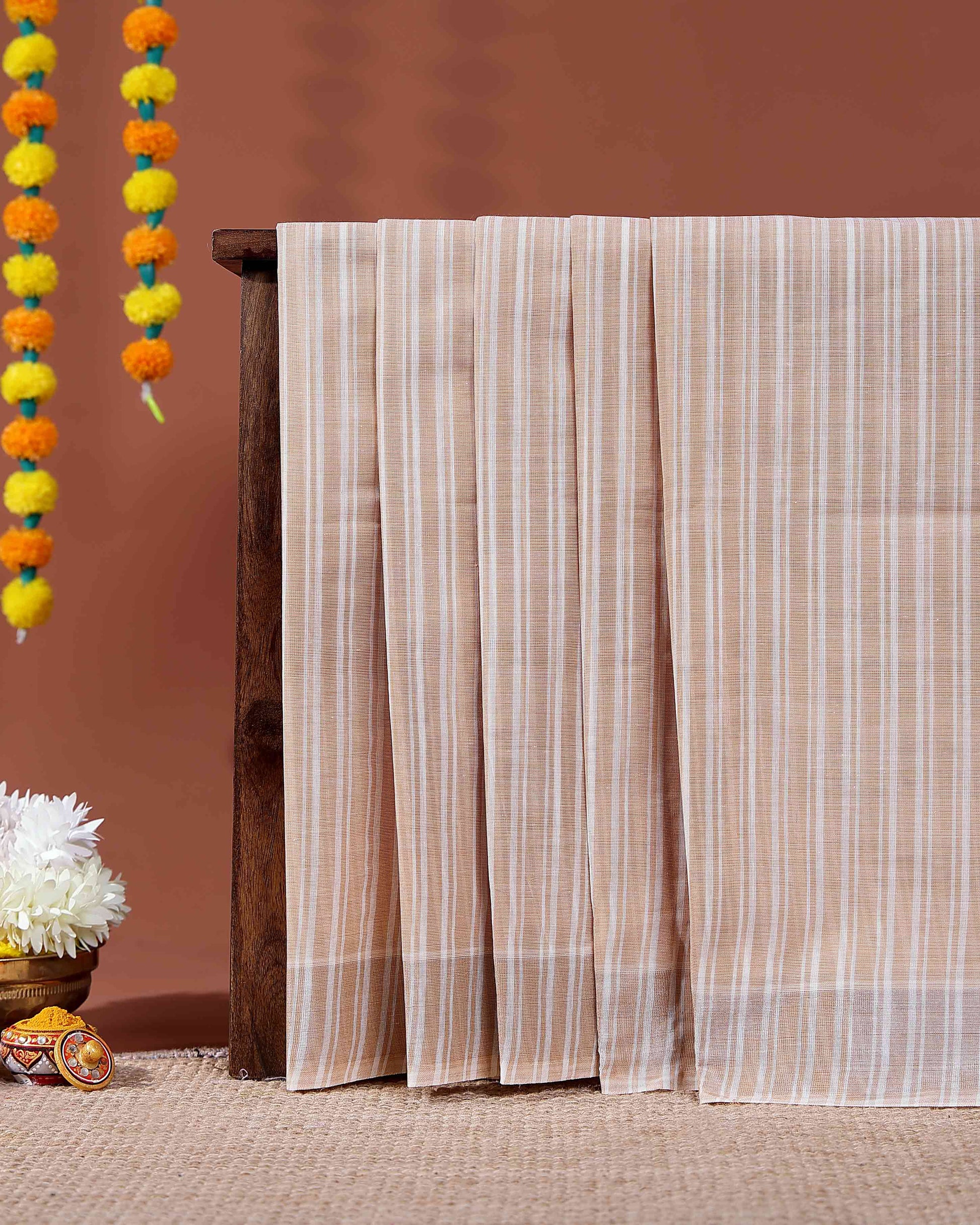 Handloom Kovai Cotton Saree with Subtle Striped Pattern - Brown