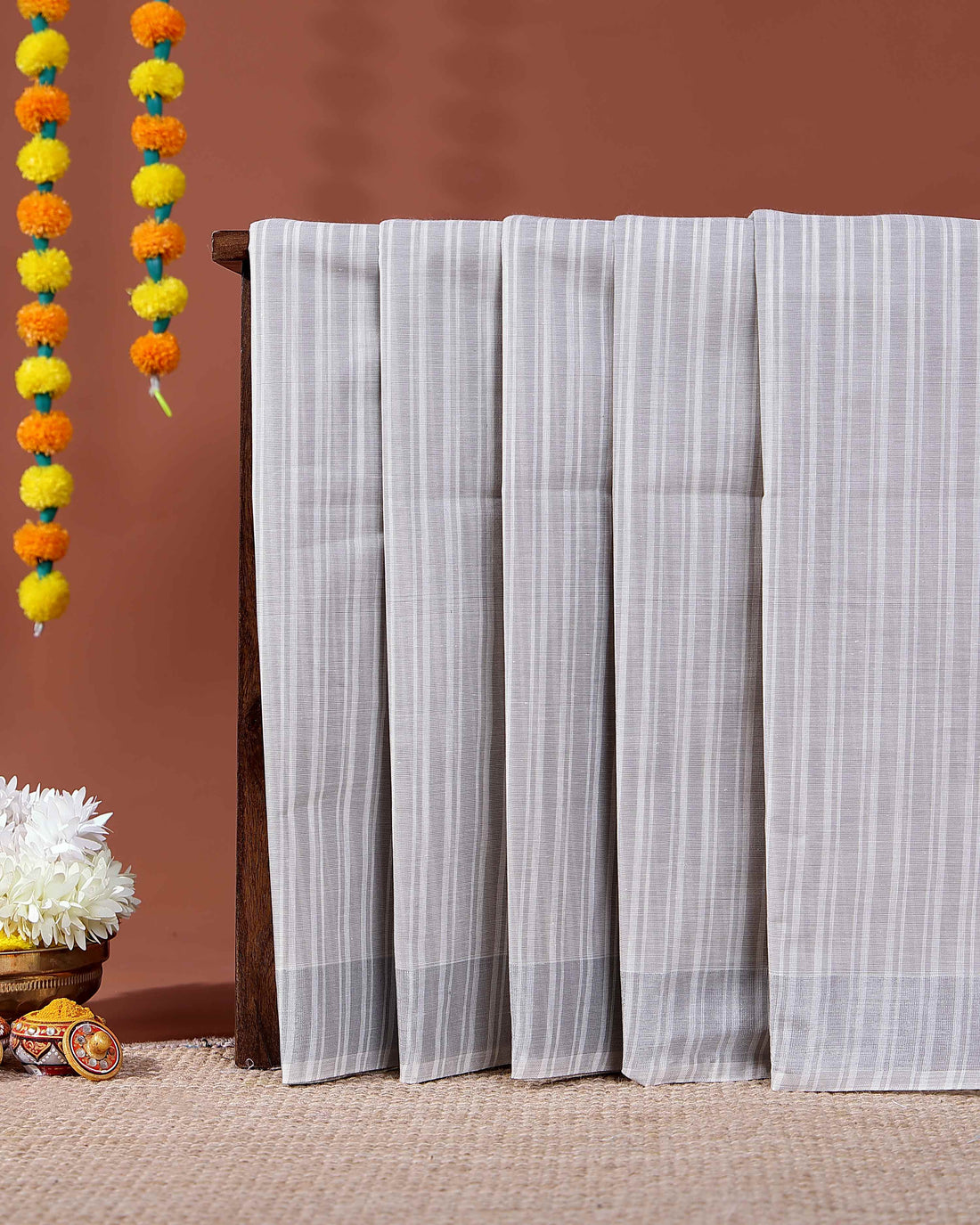 Handloom Kovai Cotton Saree with Subtle Striped Pattern - Light Grey